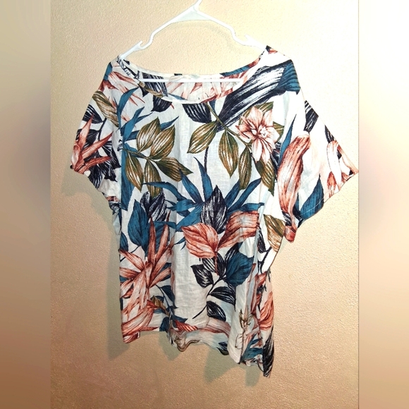 C&C California Tropical Print 100% Linen Shirt  1X  Multicolor Floral Beach - Picture 1 of 5